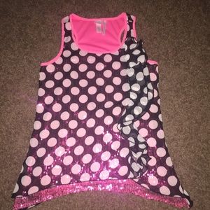 Hot pink, black, white polka dot shirt w/ sequins